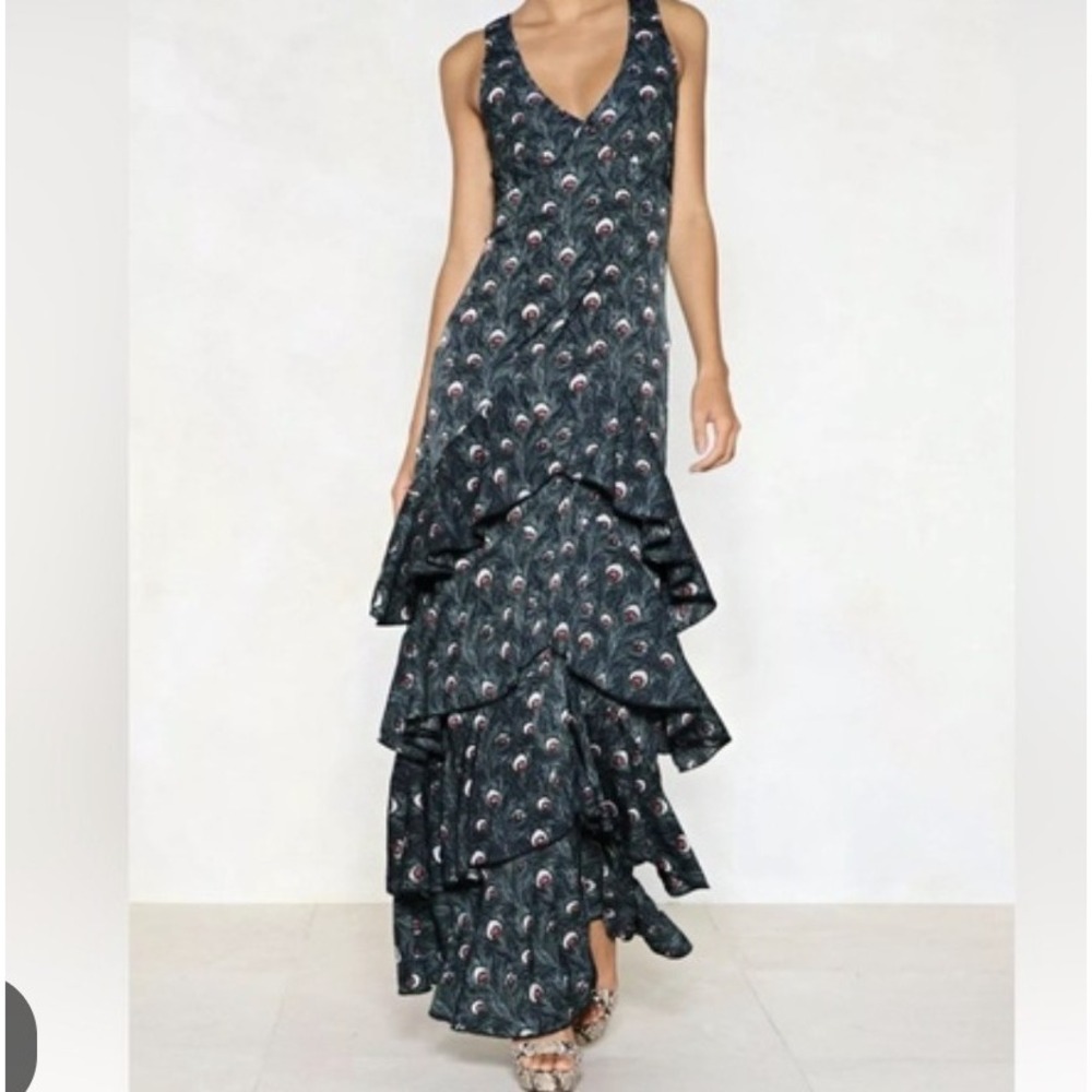 Peacock Feather Eye Print Halter Midi Dress Handkerchief Hem Party Cocktail Sz 8